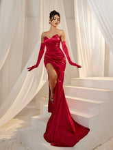 Elegant Ruched Wrap Hem Satin Tube Prom Dress(Gloves Included)